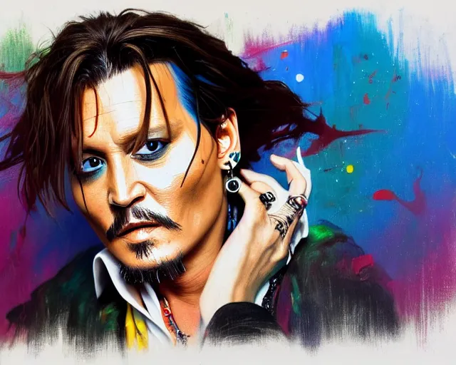 Image similar to , painting of johnny depp, paint drips, colour splash, art design, inventive, new format, futuristic painting, deep focus, d & d, fantasy, intricate, elegant, highly detailed, digital painting, artstation, concept art, matte, sharp focus, illustration, hearthstone, art by artgerm and greg rutkowski and alphonse mucha