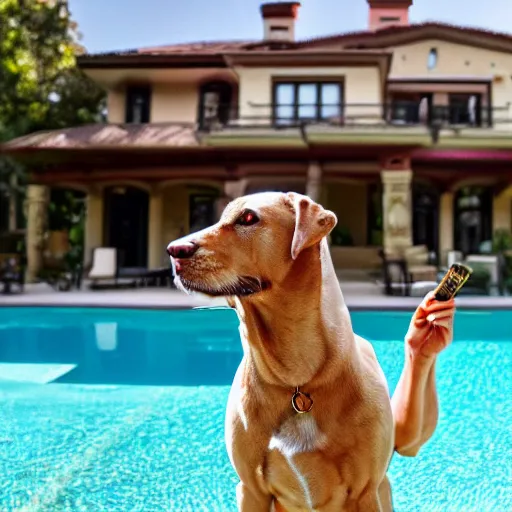 Image similar to a very detailed photo of a dog smoking a cigar outside the mansion by the pool