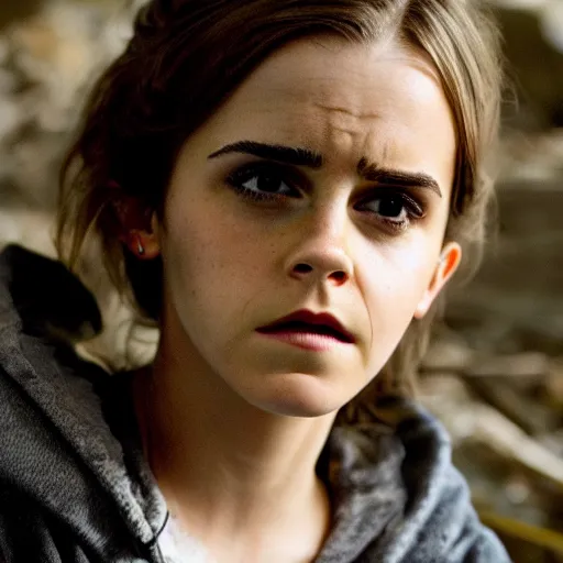 Image similar to concerned and tired emma watson in the ruins of civilization after the apocalypse, shredded and ruined dirty clothes, hd photo, high detail, shallow depth of field, face focus