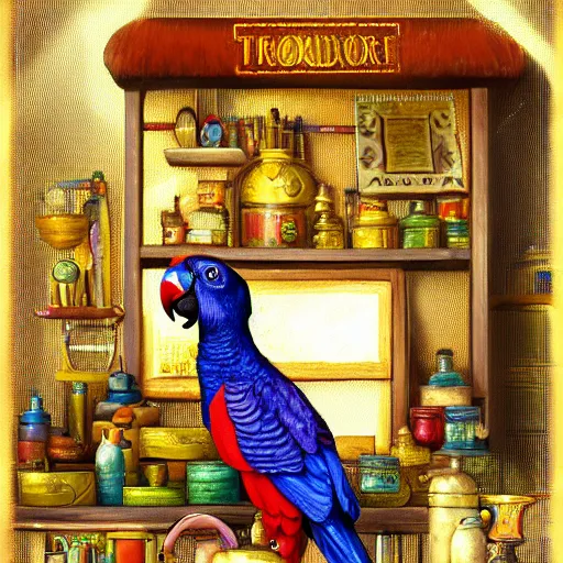 Prompt: Anthropomorphized parrot trader in his shop, selling his wares, portrait, items, magic potions, carpet, window, sly expression , cunning expression, cute expression, blue eyes, long thick shiny gold beak, presenting wares, holding a gold bag, D&D, fantasy, cinematic lighting, highly detailed, digital painting, artstation, concept art, smooth, sharp focus, illustration, warm light, cozy warm tint, magic the gathering artwork, volumetric lighting, 8k, art by Akihiko Yoshida, Greg Rutkowski