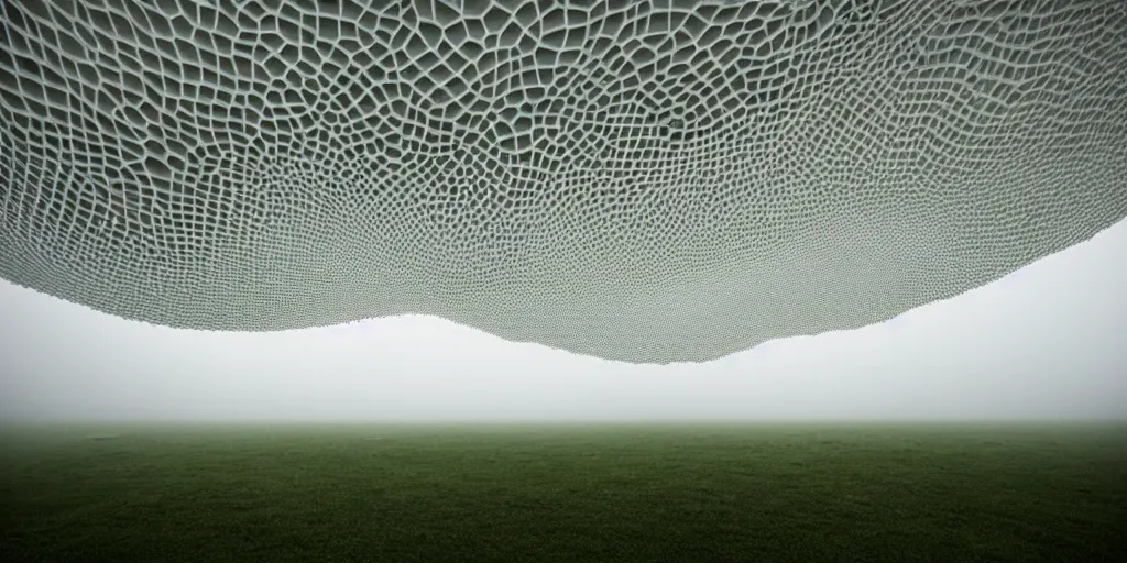 Image similar to white honeycomb organic building by ernesto neto sits on the field in low fog, light - mint with light - pink color, 4 k, insanely quality, highly detailed, film still from the movie directed by denis villeneuve with art direction by zdzisław beksinski, telephoto lens, shallow depth of field