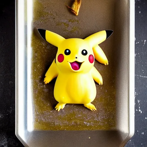 Image similar to roasted spatch pikachu in a baking tray with rosemary and thyme, cooking oil, steam, charred, ready to eat, electric sparks