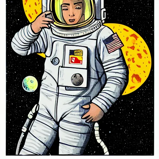 Image similar to illustration of butch tomboy stoic emotionless square - jawed heroic blonde woman astronaut wearing patched punk spacesuit, space helmet with stickers on it, stealing a rocket, pen and ink, ron cobb, mike mignogna, comic book, black and white, science fiction, punk, grunge, used future, illustration, comic book cover, - ar 1 6 : 9