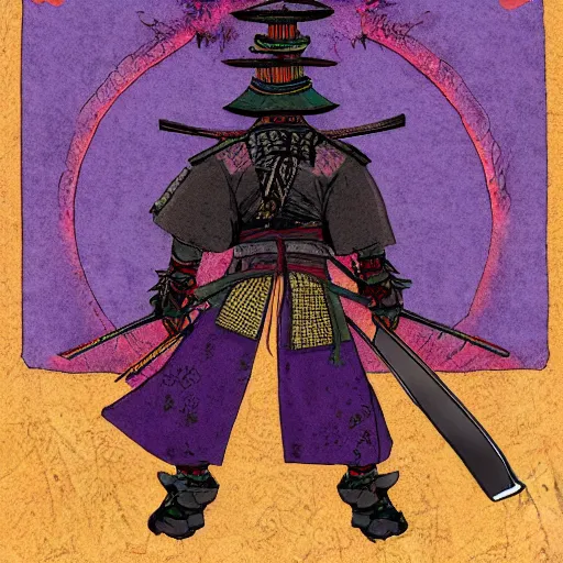 Image similar to a samurai standing in the purple abyss, rot, blood, dark, bloodborne, night, hopeless, highly detailed, intricate background