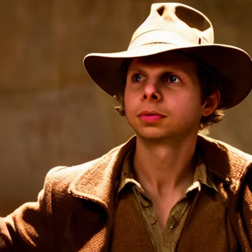 Prompt: Michael Cera as indiana jones in raiders of the lost ark, 8k resolution, full HD, cinematic lighting, award winning, anatomically correct