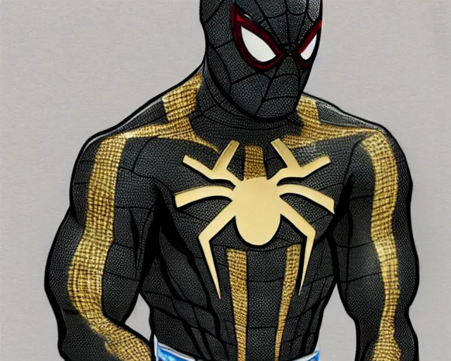 Image similar to photorealistic sketch of black spider - man with gold webbing