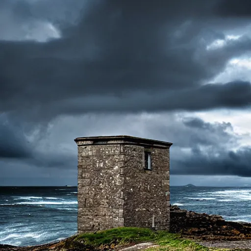 Prompt: old defense tower at the coast of ireland in stormy weather, composition