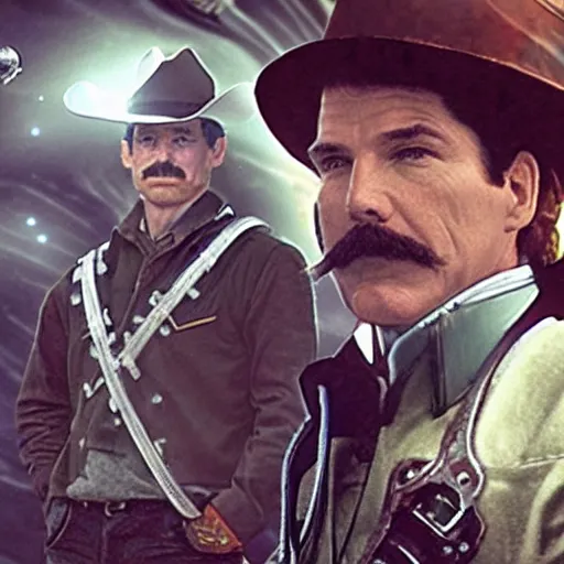 Image similar to wyatt earp and doc holliday, standing on the deck of a spacecraft inspired by the movie interstellar, high detail, high fidelity