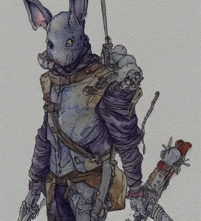 Image similar to a watercolor ink painting of an anthropomorphic bunny mercenary in the style of jean giraud in the style of moebius trending on artstation deviantart pinterest detailed realistic hd 8 k high resolution