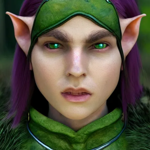 Prompt: anya charlota as a medieval fantasy tolkien elf, dark purplish hair tucked behind ears, wearing a green tunic with a fur lined collar and brown leather armor, wide, muscular build, scar across nose, one black, scaled arm, cinematic, character art, digital art, forest background, realistic. 8 k, 3 d render, detailed.