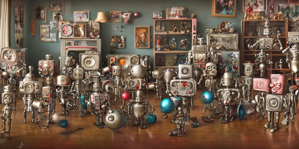 Image similar to closeup portrait of tin toy soldiers retro living room of robot family, depth of field, zeiss lens, detailed, centered, fashion photoshoot, by nicoletta ceccoli, mark ryden, lostfish, breathtaking, 8 k resolution, extremely detailed, beautiful, establishing shot, artistic, hyperrealistic, octane render, - h 8 0 4