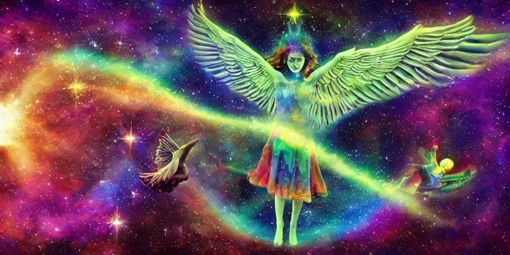 Prompt: Flying with the astral body to the oniric world. Magical, astral, cosmic. Inspiring , beautiful and symbolic.