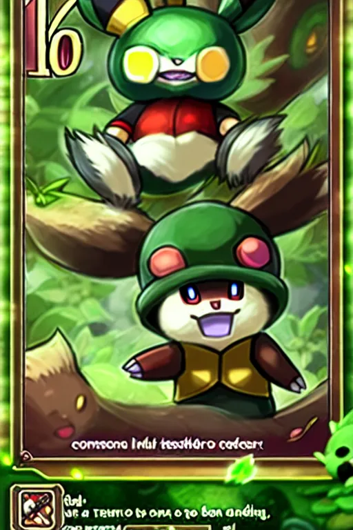 Image similar to teemo, a pokemon trading card of teemo, highly detailed pokemon trading card screenshot