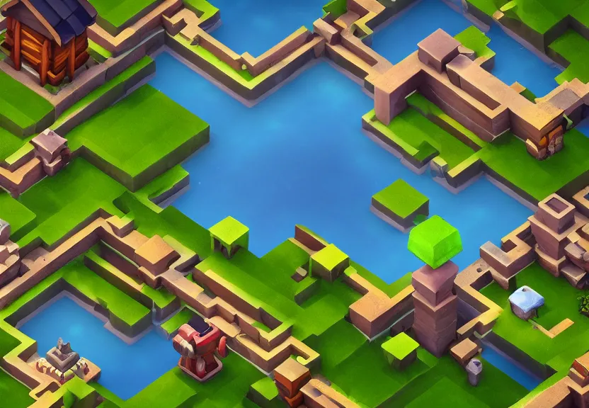 Image similar to isometric game level, style by clash of clans, beautiful lighting, unreal engine, artstation