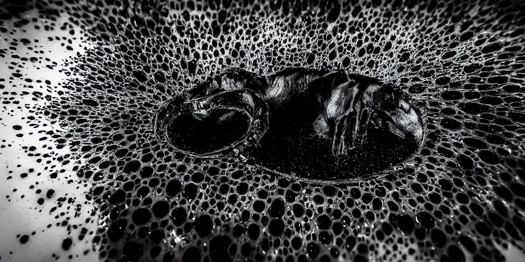 Image similar to the black lioness made of ferrofluid, bathing in the drinking basin in the zoo exhibit, viscous, sticky, full of black goo, covered with black goo, splattered black goo, dripping black goo, dripping goo, splattered goo, sticky black goo. photography, dslr, reflections, black goo, zoo, exhibit