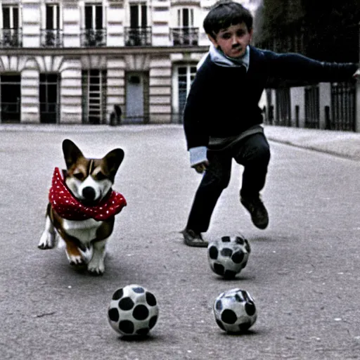 Image similar to a french boy on the streets of paris playing football against a corgi, the dog is wearing a polka dot scarf, book illustration, 1 9 6 6