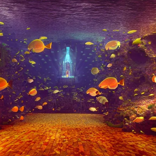 Prompt: a photograph of an underwater cathedral at the bottom of the ocean surrounded by mermaids, by david lachapelle, photorealistic, octane render, unreal engine, 4 k, smooth lighting, subaquatic photography,