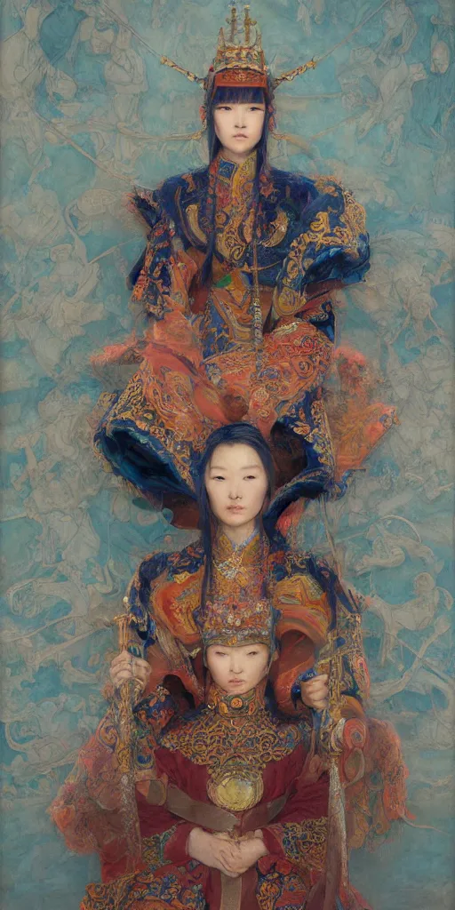 Image similar to mongolian queen, masterpiece by Edgar Maxence and Ross Tran and Michael Whelan, 8k, octane render