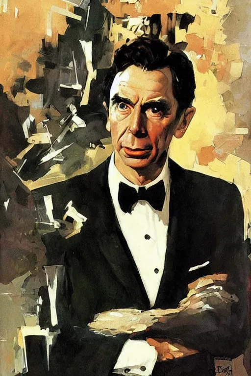 Prompt: “portrait of Bertrand Russell as James Bond, by Robert McGinnis”