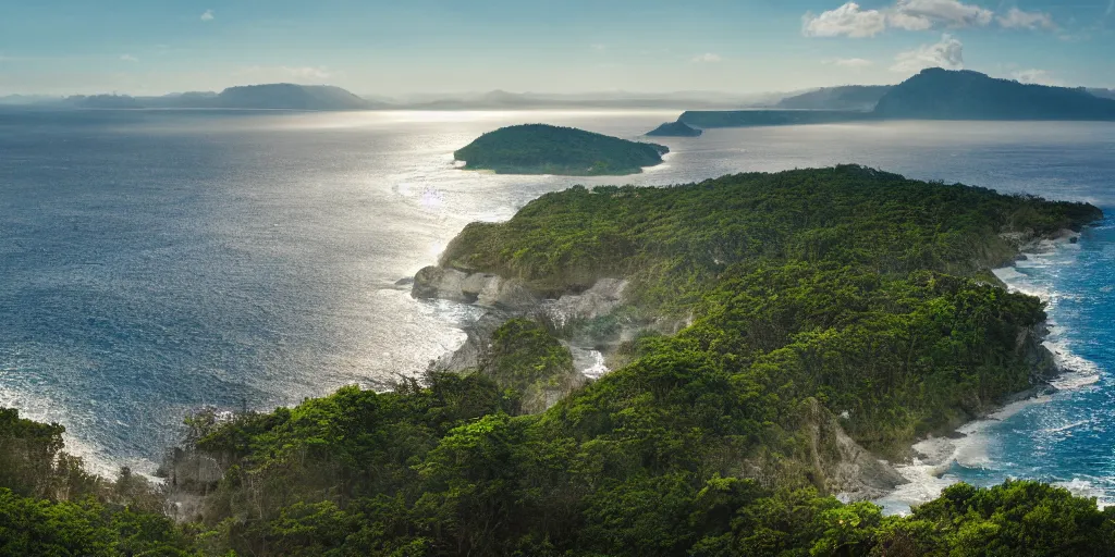 Prompt: National Geographic photograph of a forested coastline. Ocean in the foreground. Realistic.