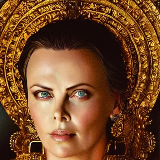 Prompt: “ majestic gracious regal deity charlize theron portrait, ancient greece, atmospheric lighting, painted, intricate, volumetric lighting, beautiful, rich deep colours masterpiece, golden hour, sharp focus, ultra detailed, by kai carpenter ”