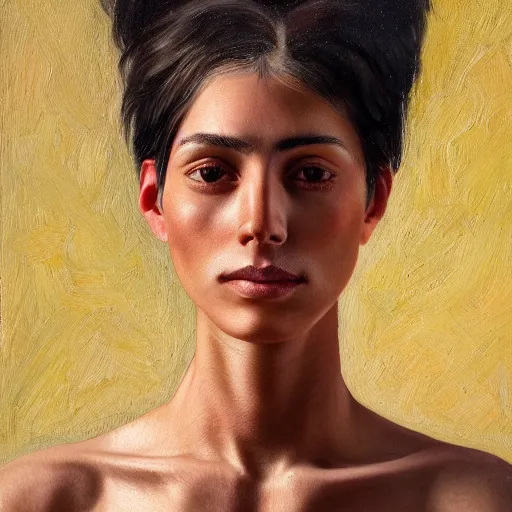 Image similar to A portrait of a thin trendy and gorgeous non-binary person, saturated skin tone, Mexican, oil painting, majestic, detailed, high resolution