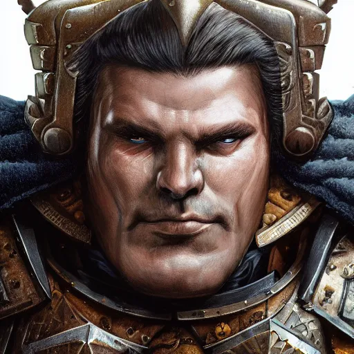 Image similar to Close up portrait of Warhammer 40k Primarch named Lech Wałęsa, intimidating, strong, Warhammer 40k, brown eyes, dark science fiction, intricate, highly detailed, digital painting, trending on artstation, concept art, slightly smooth, sharp focus, darker colors, RPG rulebook illustration, art by Raymond Swanland