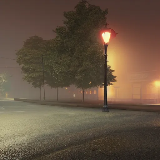 Image similar to abandoned bus stop with warm tinted street lamp on a misty night, cobblestone road, volumetric lighting, unreal engine, anime