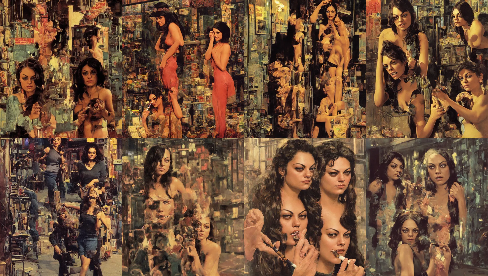 Prompt: standing portrait of ecstatic mila kunis looking into the camera standing smoking a cigarette, warm street lights store front, 1 9 6 0 s technicolor, intricate, moody, personal, highly detailed, short focus depth, donato giancola, joseph christian leyendecker, frank frazetta, alex horley, ralph horsley, michael whelan, 2 0 0 mm focal length