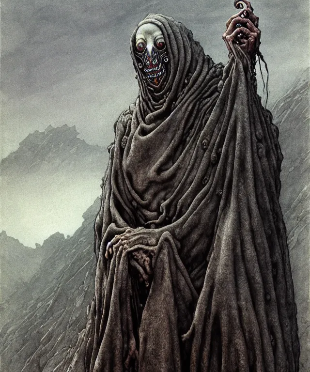 Image similar to A detailed gray-eyed tentacleheaded human stands among the mountains with a pebble in hands. Wearing a ripped mantle, robe. Extremely high details, realistic, fantasy art, solo, masterpiece, art by Zdzisław Beksiński, Arthur Rackham, Dariusz Zawadzki