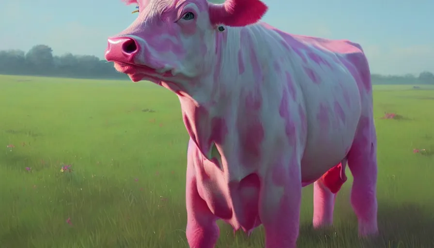 Image similar to pink cow in green field, hyperdetailed, artstation, cgsociety, 8 k