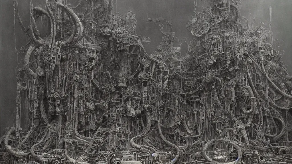 Image similar to A mechanical wasteland of large intricate constructs. Masterpiece by Zdzisław Beksiński and Adolf Lachman