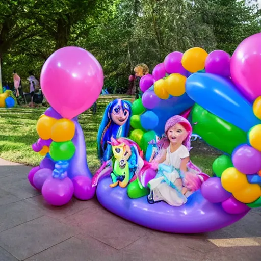 Image similar to children riding (my little pony) at a birthday party in the city park. balloons, cake, presents, craziness, havoc, style of pixar, 8K, 4K