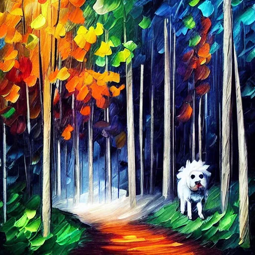 Prompt: “black and white dog in the woods, style of leonid afremov”