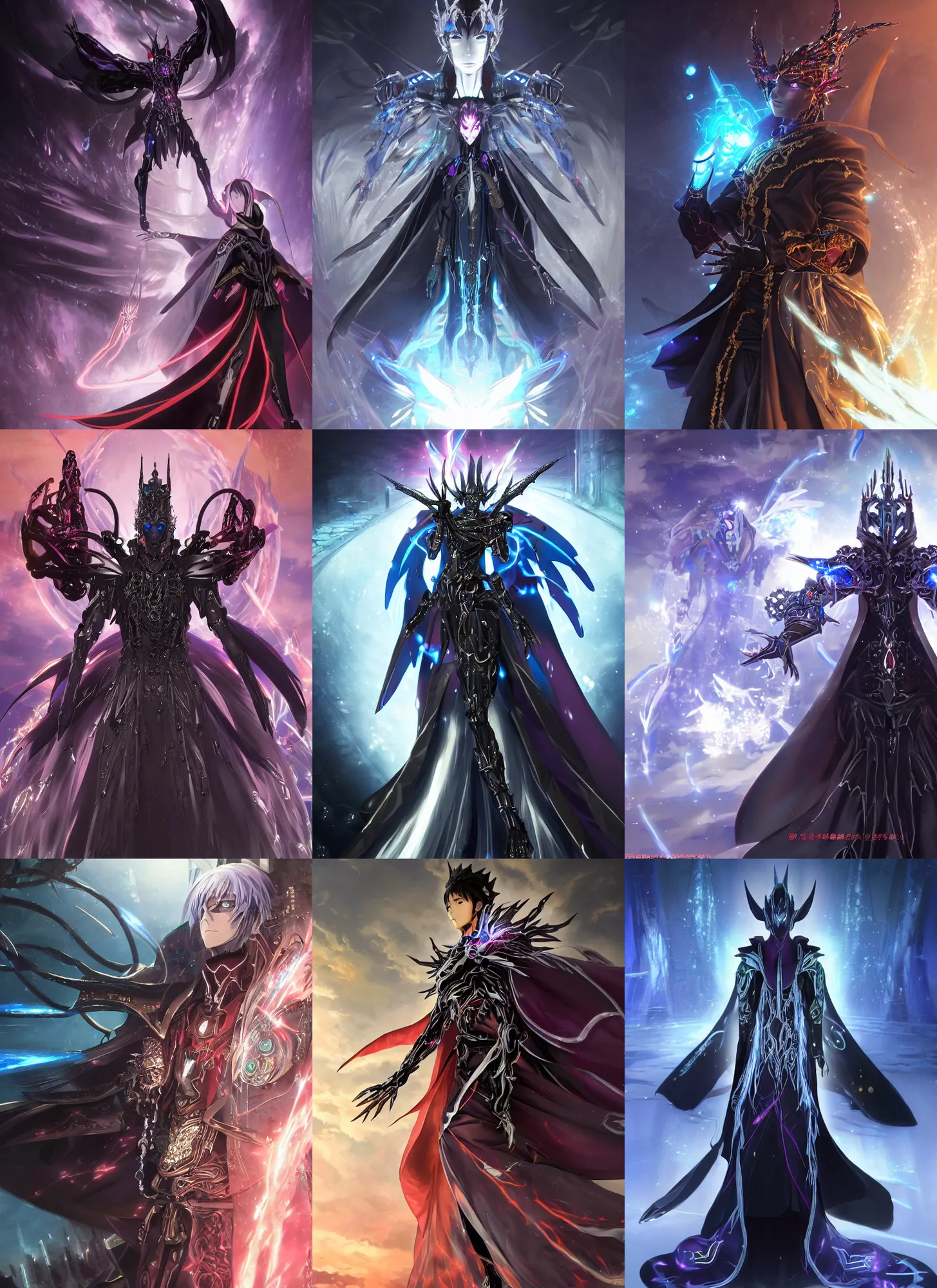 Prompt: CGI anime fantasy artwork of a Cybernetic cloaked sorcerer, concept design, dynamic pose, beautiful fantasy anime, dark, dark metal body with bejewelled and encrusted technological royal cloak, brandishing powerful magic, biological human face, realistic lighting, iridescent, dark and intricate, Greg Rutkowski, Makoto Shinkai, anime CGI, animated, hood and cape, animation, artgerm, deviantart, matte digital illustration