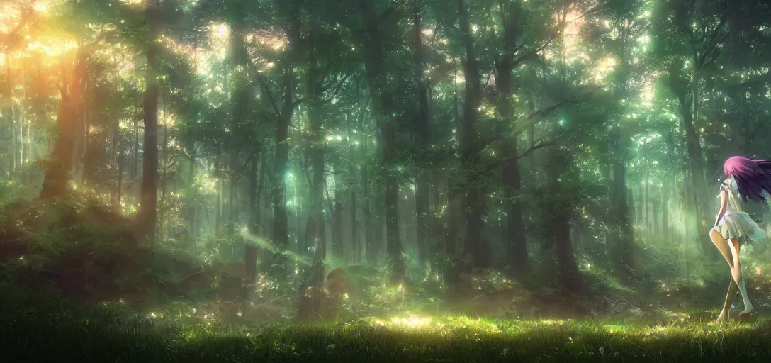 Image similar to anime forest, magical, mythical, ethereal, hyper realistic, straight lines 8k hdr pixiv dslr photo by Makoto Shinkai ilya kuvshinov and Wojtek Fus, digital art, concept art,