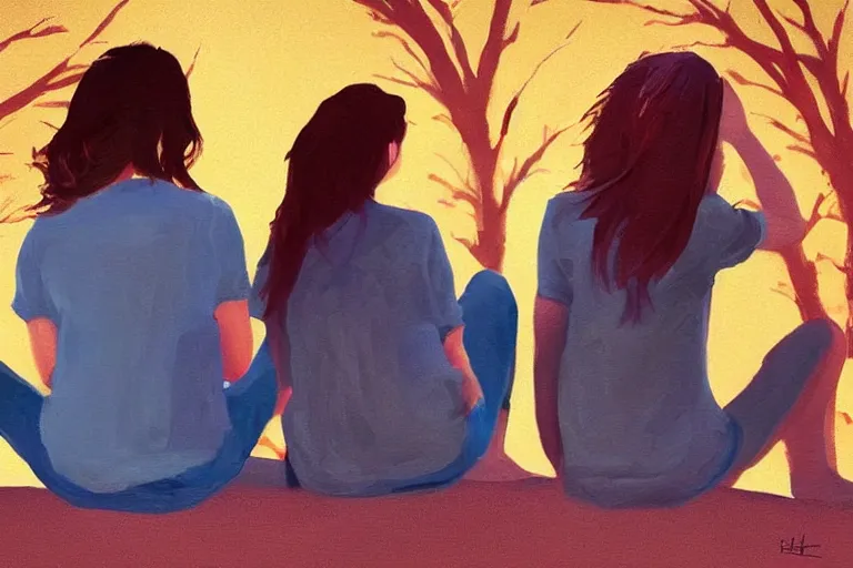 Prompt: beautiful painting of friends, beautiful faces, sitting on the edge, cute, soft light, digital painting