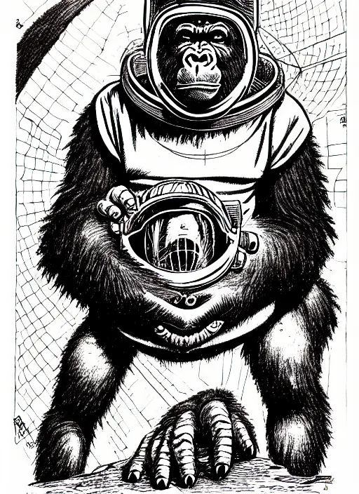 Image similar to a gorilla wearing a space helmet, as a d & d monster, full body, pen - and - ink illustration, etching, by russ nicholson, david a trampier, larry elmore, 1 9 8 1, hq scan, intricate details, inside stylized border