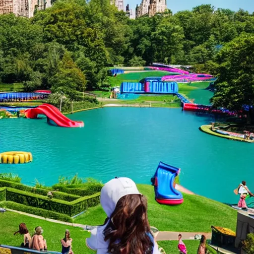 Prompt: photo of a large water park inside of central park. the new york city skyline is shown in the background.