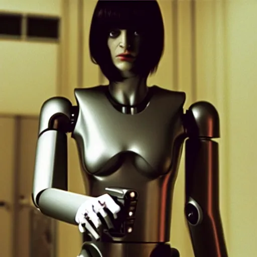 Prompt: movie still of robotic mia wallace, cinematic composition, cinematic light, criterion collection, by quentin tarantino