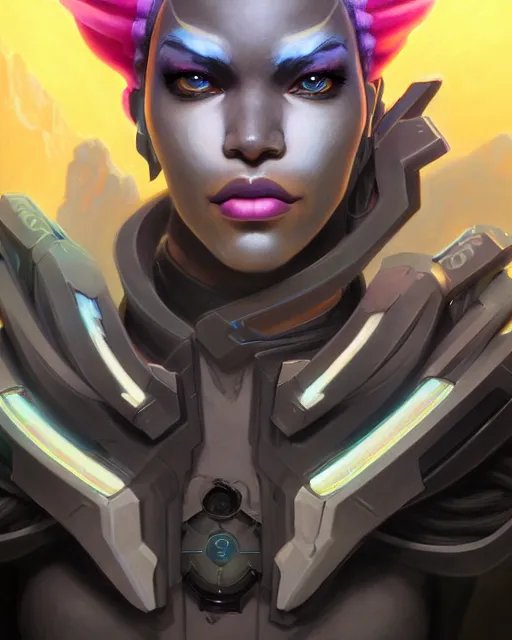 Image similar to sojourn from overwatch, bust, dreadlocks, gray hair, cyborg eyes, fantasy, fantasy art, fantasy, colorful, elegant, character portrait, portrait, close up, highly detailed, intricate detail, amazing detail, sharp focus, vintage fantasy art, vintage sci - fi art, radiant light, caustics, by boris vallejo