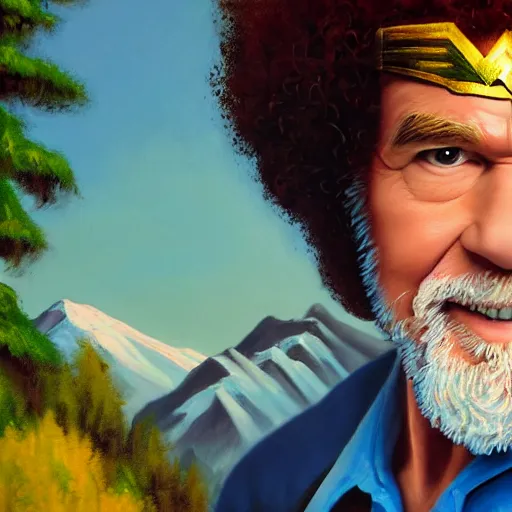 Image similar to a closeup photorealistic photograph of bob ross working on a canvas painting of wonder woman. film still. brightly lit scene. mountains and trees. this 4 k hd image is trending on artstation, featured on behance, well - rendered, extra crisp, features intricate detail, epic composition and the style of unreal engine.