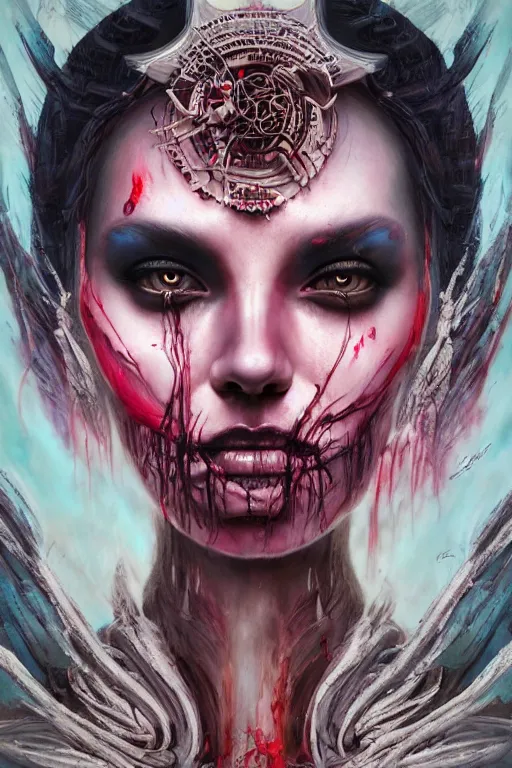 Image similar to dream portrait of the beautiful goddess death,full character, melting ,8k,by tristan eaton,Stanley Artgermm,Tom Bagshaw,Greg Rutkowski,Carne Griffiths, Ayami Kojima, Beksinski, Giger,trending on DeviantArt,face enhance,hyper detailed,minimalist,horror, android, full of colour