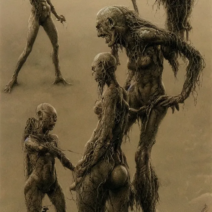 Prompt: bald barbarian girl figts goblins by Beksinski and Luis Royo