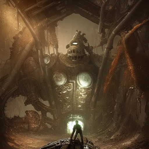 Image similar to Anthropomorphic athletic rusty robot in creepy environment,sci fi,concept art,matte painting, creepy,sci fi,in Gears of War cover art, ultra wide lens shot, beautiful, DnD character art portrait, matte fantasy painting, eerie, DeviantArt Artstation, by Jason Felix by Steve Argyle by Tyler Jacobson by Peter Mohrbacher, cinematic lighting