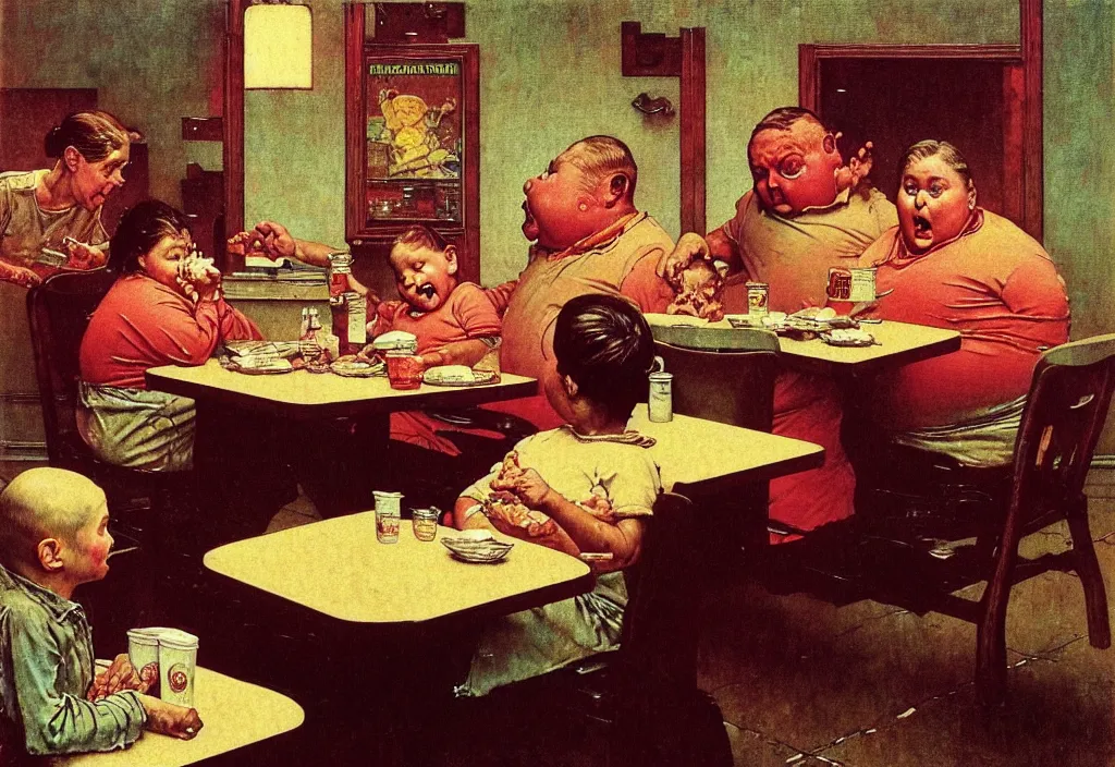 Prompt: A Norman Rockwell painting of an obese American family ordering food at McDonald's, by Zdzisław Beksiński, horror, cosmic horror, cinematic, 8k