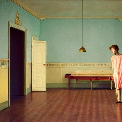 Image similar to twins in an soviet golden liminal abandoned room, film still by wes anderson, depicted by balthus, limited color palette, very intricate, art nouveau, highly detailed, lights by hopper, soft pastel colors