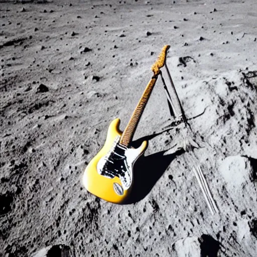 Prompt: a stratocaster electric guitar sitting idle on the moon. moon landing. detailed