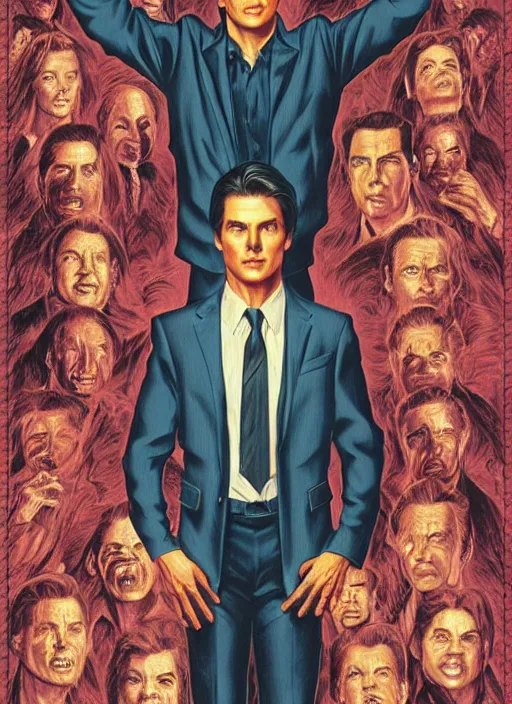 Image similar to small innocent tom cruise, evil beings loom above him, they reach into his mind, twin peaks poster art, from scene from twin peaks, by michael whelan, artgerm, retro, nostalgic, old fashioned, 1 9 8 0 s teen horror novel cover, book