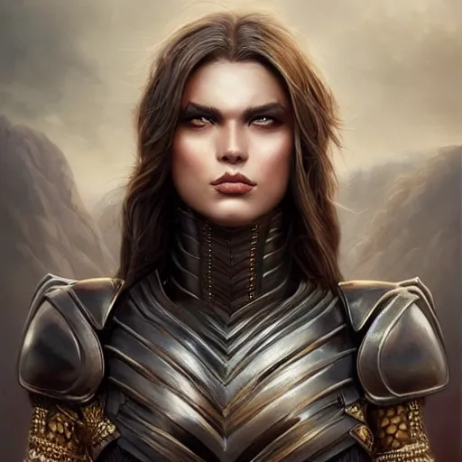 Prompt: full body portrait of a riveting and striking warrior woman!!!, armored, adorable, elegant and pretty face, slick hair, realistic shaded perfect face, outstanding details, realistic shaded lighting, dynamic background, artgerm, tom bagshaw, 8 k ultra - realistic, highly detailed, kan liu